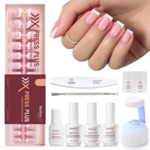 Beetles X Press Plus On Nails Kit-Short Square French Tip Press On Nails Kit with 150Pcs Pink French Nail Tips Nail Glue & Remover Builder Top Coat Nail Lamp,All-in-One DIY Fake...