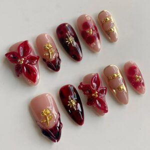 Luxury Press on Nails Medium Almond Handmade 3D Unique Reusable ABS Material Fake Nails French Tip False Nails with Designs Red Floral Glossy Glue on Nail Thick Acrylic Nail(M)